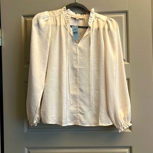 LOFT Mixed media ruffle neck silky blouse